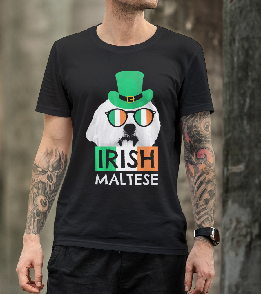 Irish Maltese St Patricks Day Dog Wearing Shamrock Hat And Glasses T-Shirt