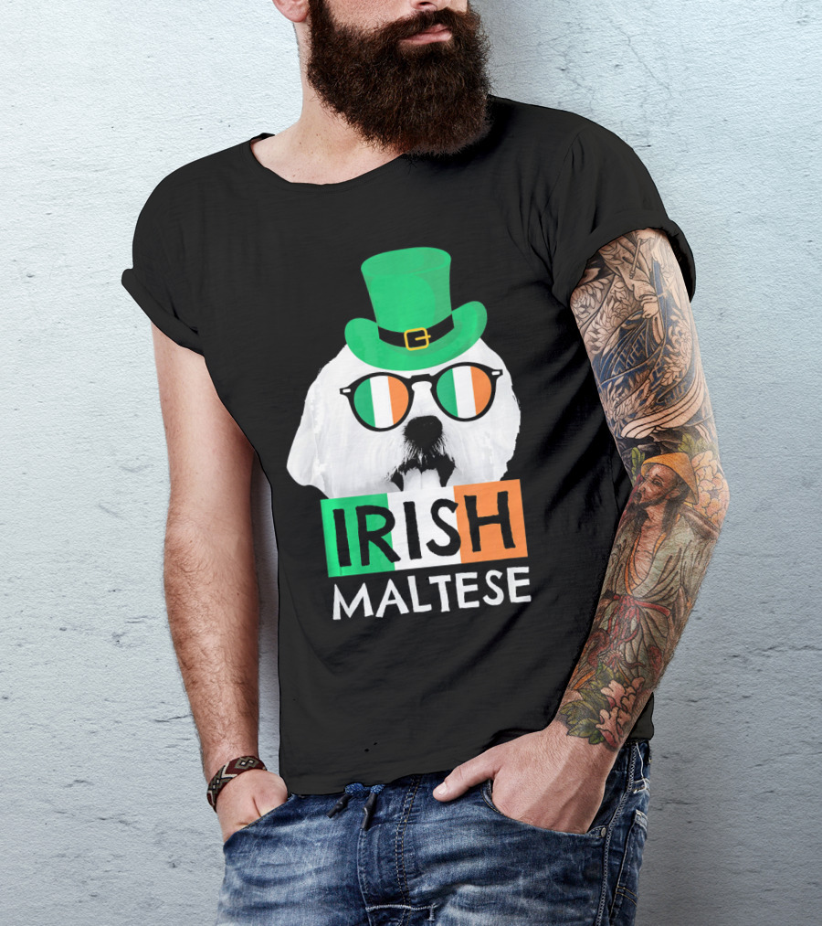 Irish Maltese St Patricks Day Dog Wearing Shamrock Hat And Glasses T-Shirt