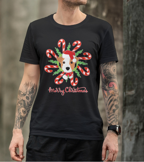 Merry Christmas Jack Russell Candy Cane Wreath T-Shirt