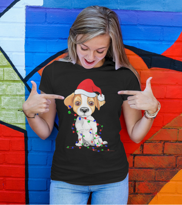 Jack Russell Christmas Lights Decoration Santa Hat T-Shirt