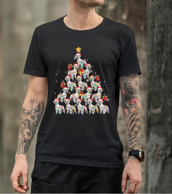 Jack Russell Dog With Santa Hat And Christmas Lights In Tree Shape With Star Decoration T-Shirt