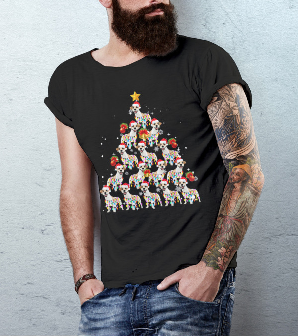 Jack Russell Dog With Santa Hat And Christmas Lights In Tree Shape With Star Decoration T-Shirt