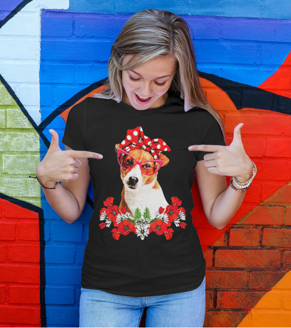 Jack Russell Dog Moms Red Polka Dot Bandana Glasses Mixed Flower Mothers T-Shirt