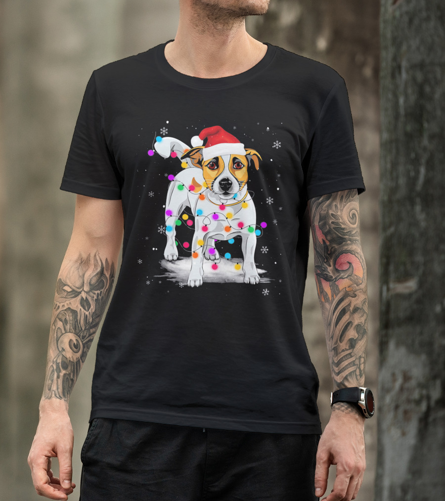 Jack Russell Terrier Santa Hat Wrapped In Christmas Lights Snowflakes T-Shirt