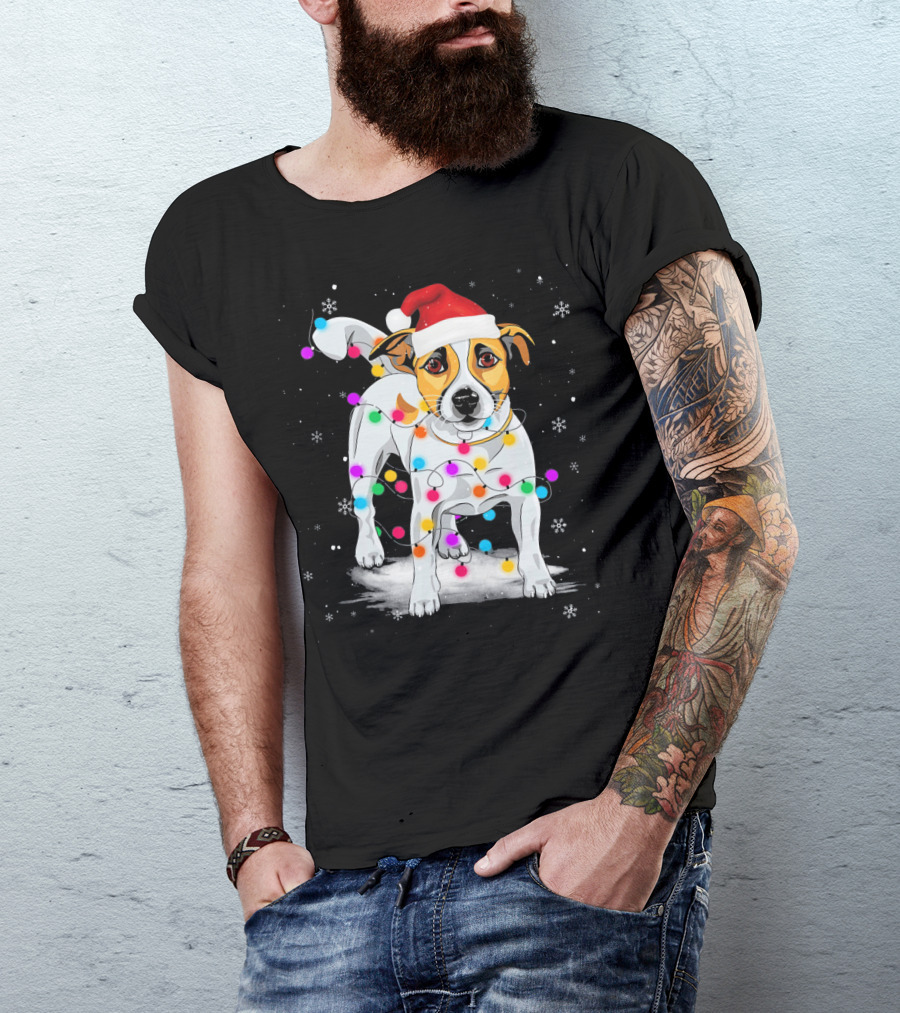 Jack Russell Terrier Santa Hat Wrapped In Christmas Lights Snowflakes T-Shirt