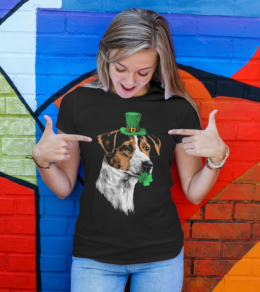 Jack Russell Terrier With Leprechaun Hat And Shamrock St Patrick's Day T-Shirt