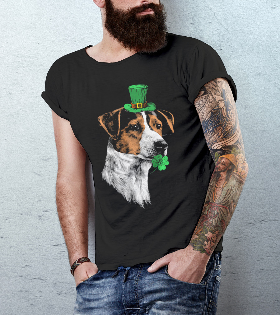 Jack Russell Terrier With Leprechaun Hat And Shamrock St Patrick's Day T-Shirt