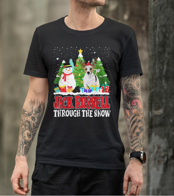 Jack Russell Through The Snow Christmas Reindeer Hat Snowman Trees Gifts T-Shirt