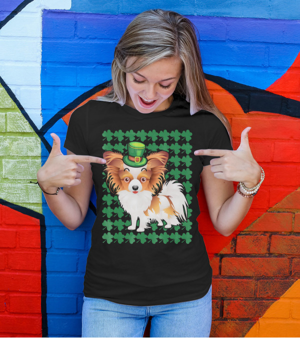 Papillon Dog In Leprechaun Hat Surrounded By Clover T-Shirt