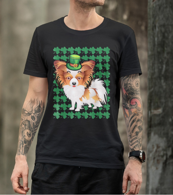 Papillon Dog In Leprechaun Hat Surrounded By Clover T-Shirt