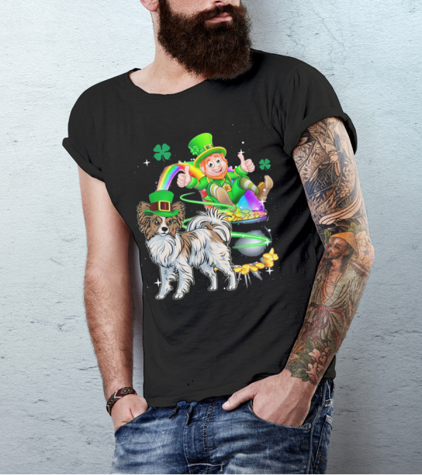 Leprechaun Papillon Clover Rainbow Gold Coins And Pot T-Shirt