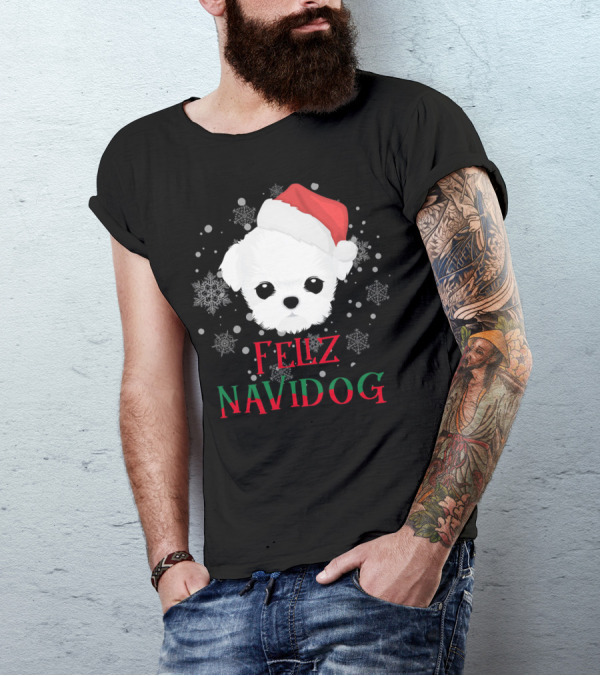 Feliz Navidog Maltese Dog Christmas Santa Hat Snowflakes T-Shirt