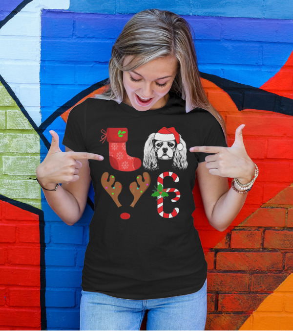 Love Cavalier King Charles Spaniel Santa Reindeer Candy Cane Stocking T-Shirt