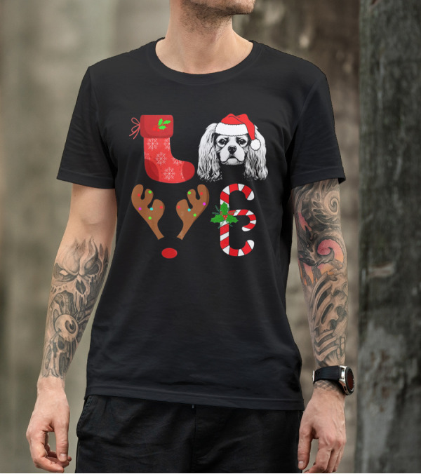 Love Cavalier King Charles Spaniel Santa Reindeer Candy Cane Stocking T-Shirt