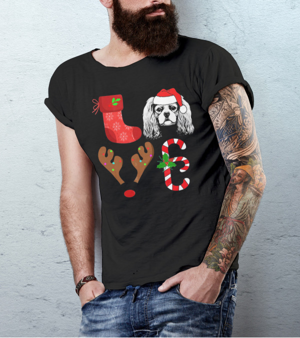 Love Cavalier King Charles Spaniel Santa Reindeer Candy Cane Stocking T-Shirt