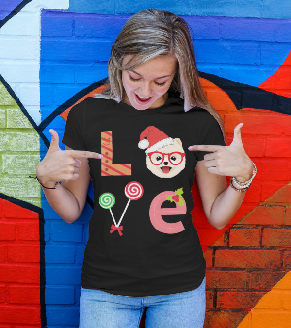 Love Pomeranian Santa Christmas Dog Candy Cane Glasses T-Shirt