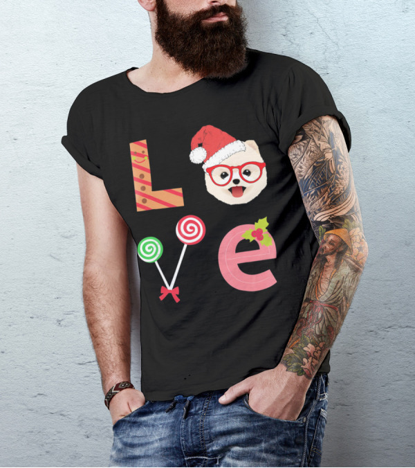 Love Pomeranian Santa Christmas Dog Candy Cane Glasses T-Shirt