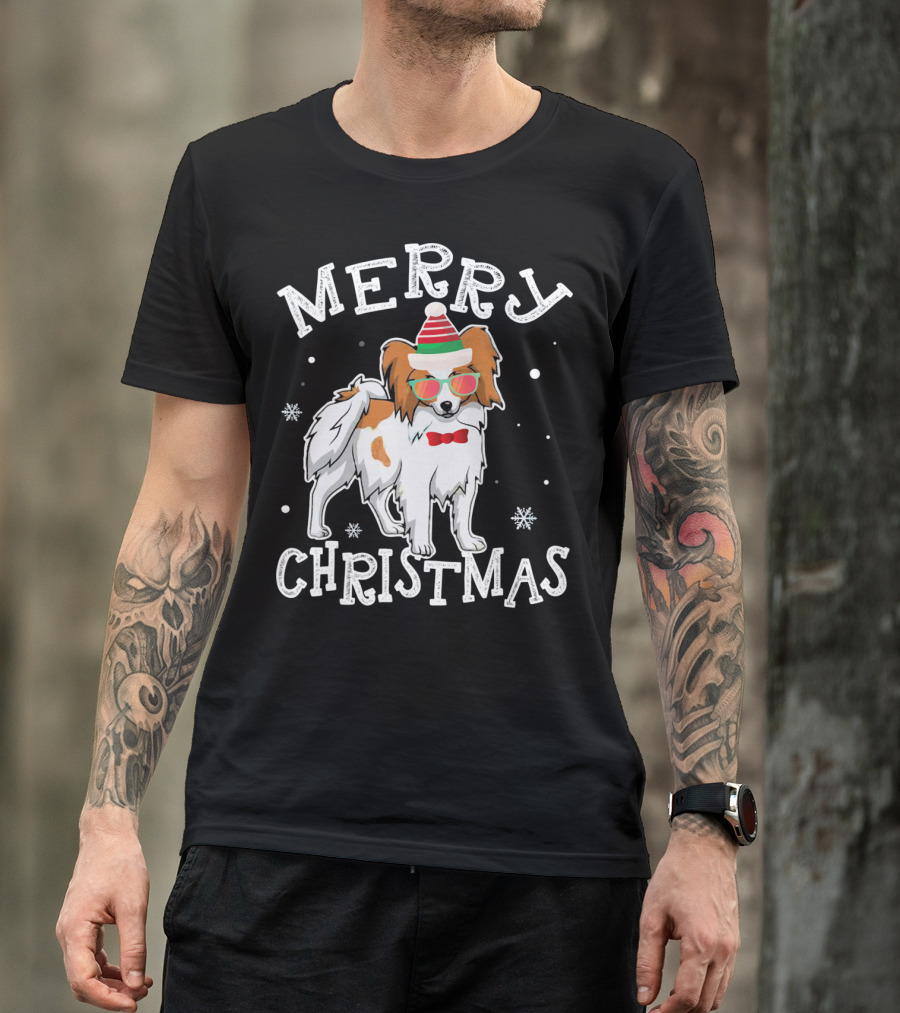 Merry Christmas Papillon Noel Hat Bowtie Snowflakes T-Shirt