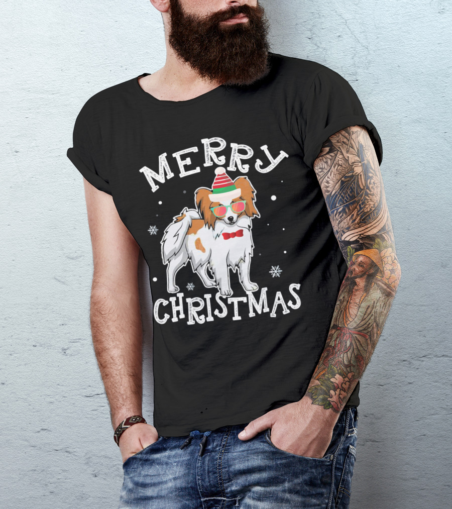 Merry Christmas Papillon Noel Hat Bowtie Snowflakes T-Shirt