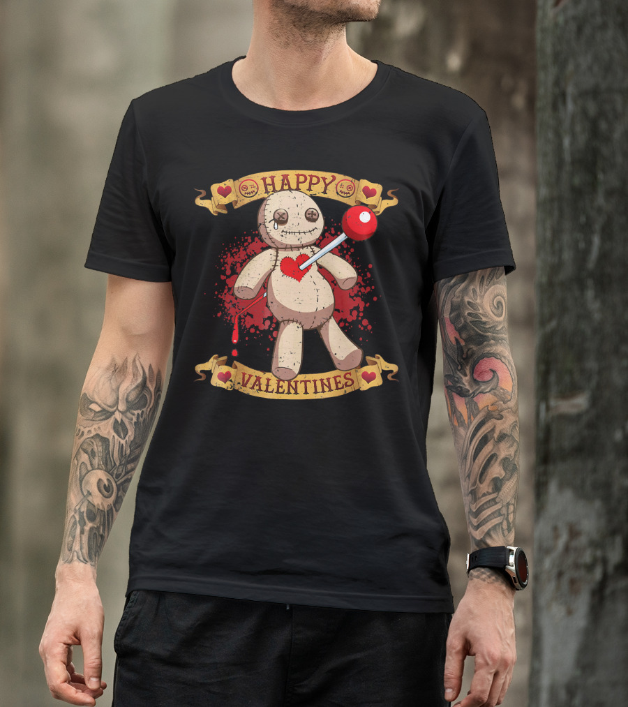 Happy Valentines Voodoo Doll With Heart And Lollipop Stabbing T-Shirt