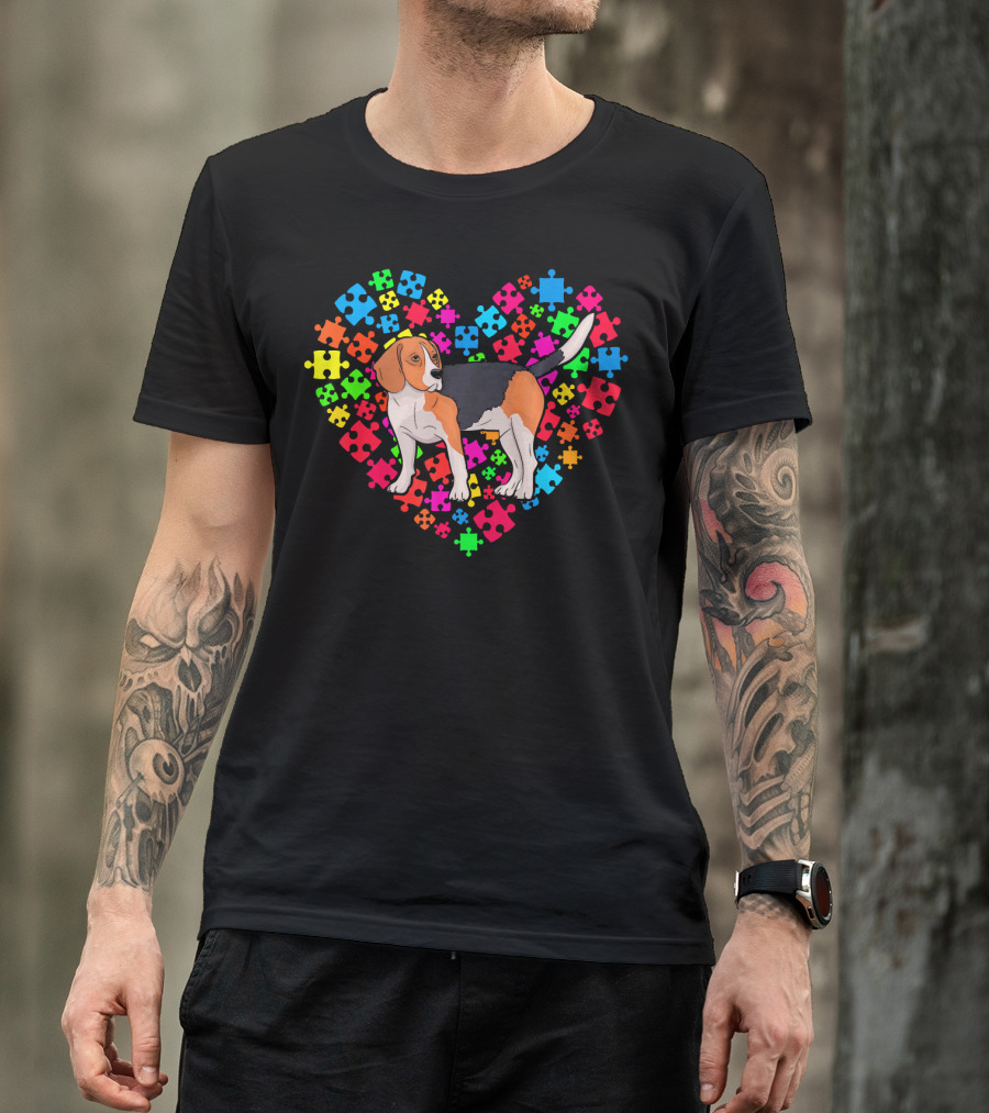 Autism Awareness Beagle Dog Colorful Puzzle Heart T-Shirt