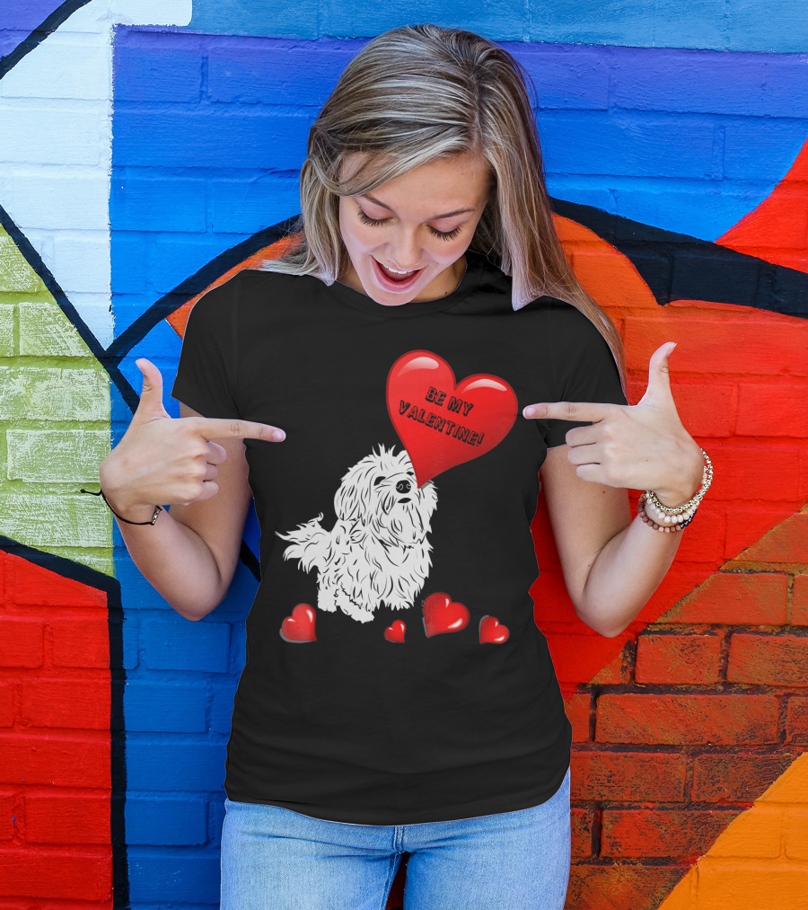 Be My Valentine Maltese Dogs In Love With Red Hearts T-Shirt