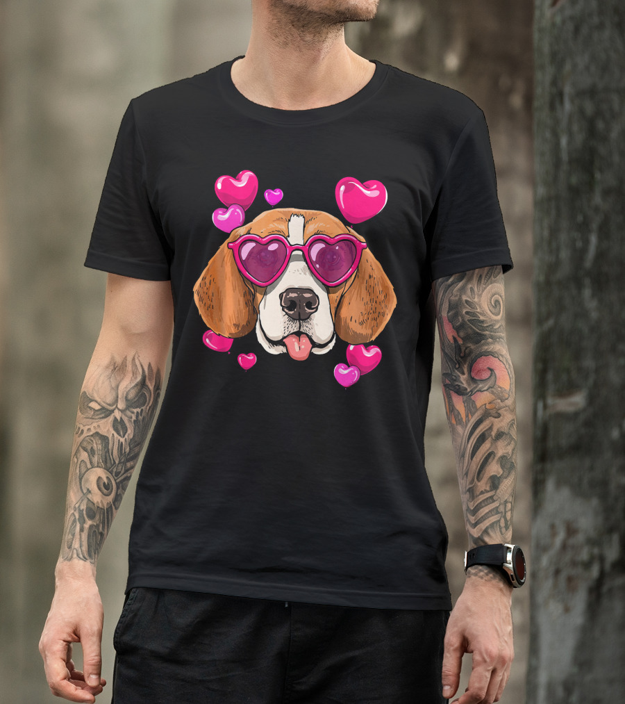 Beagle With Heart Sunglasses Surrounded By Pink Hearts Valentines Day Dog T-Shirt
