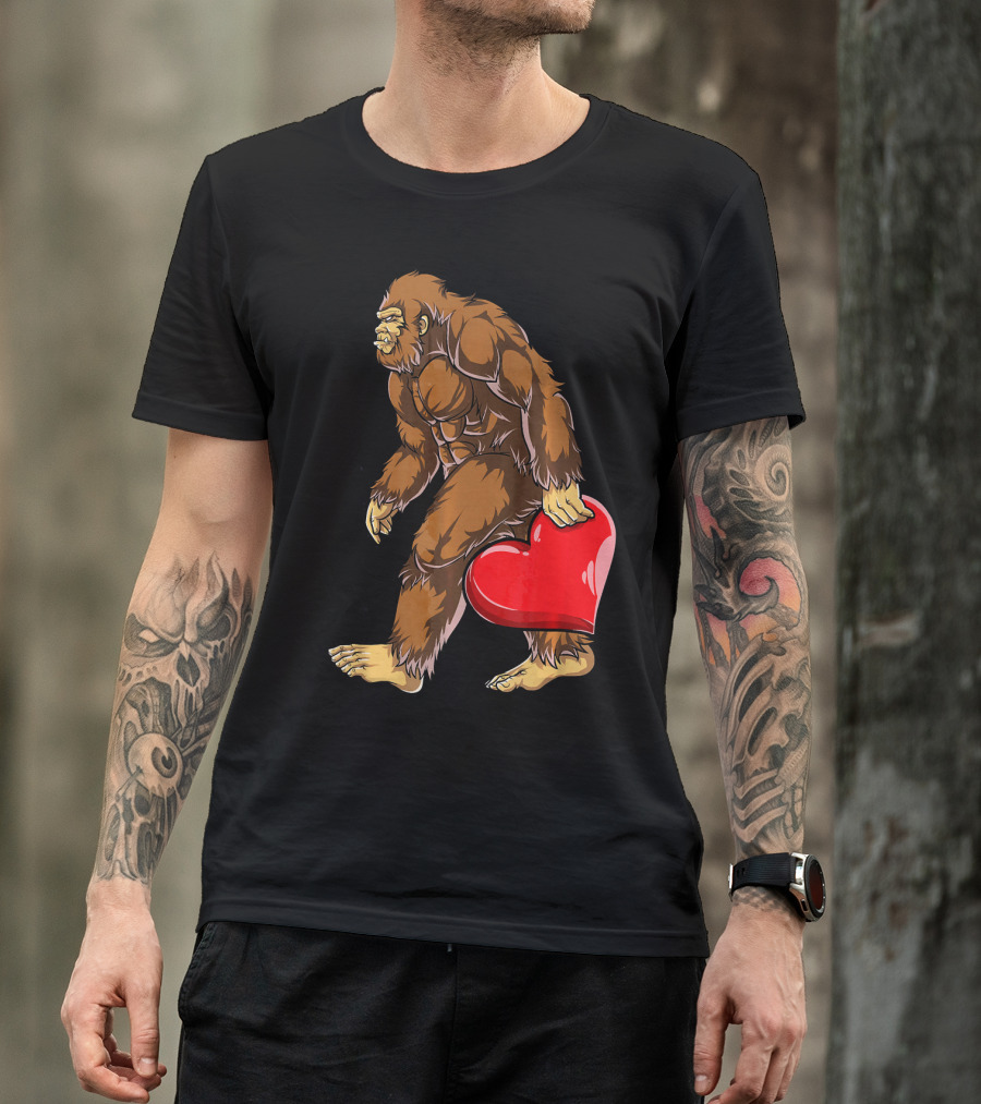 Bigfoot Carrying Heart Funny Valentine's Day T-Shirt