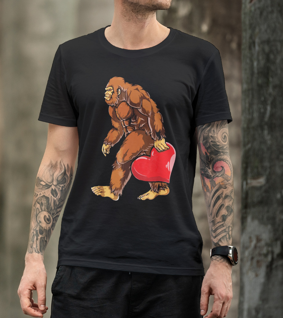 Bigfoot Holding A Red Heart For Funny Valentine's Day T-Shirt