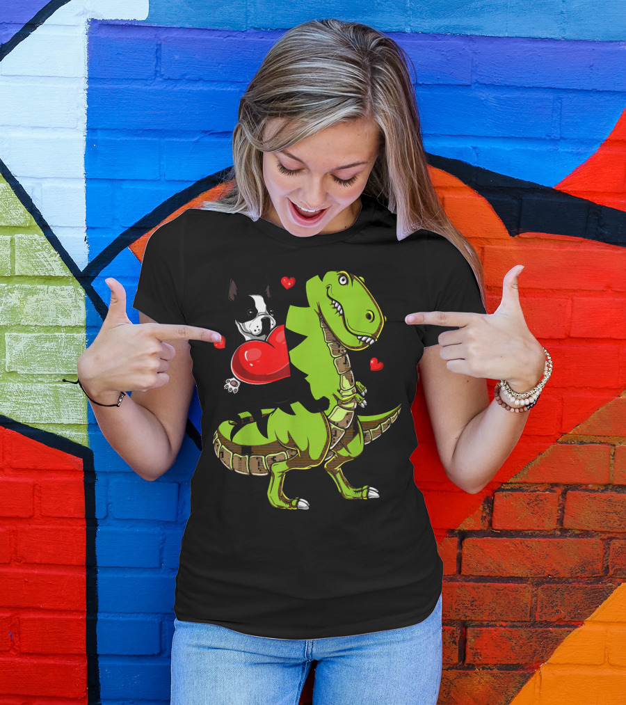 Boston Terrier With Red Hearts Riding A Green Rex Dinosaur T-Shirt
