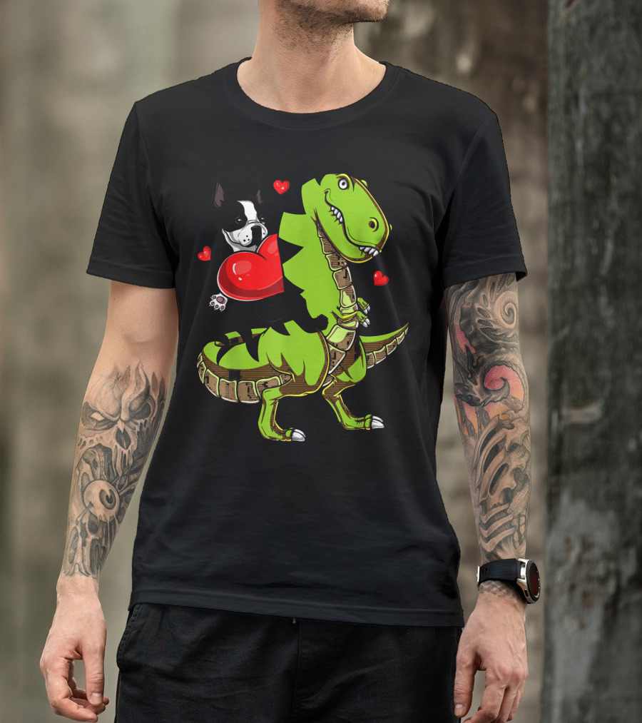 Boston Terrier With Red Hearts Riding A Green Rex Dinosaur T-Shirt