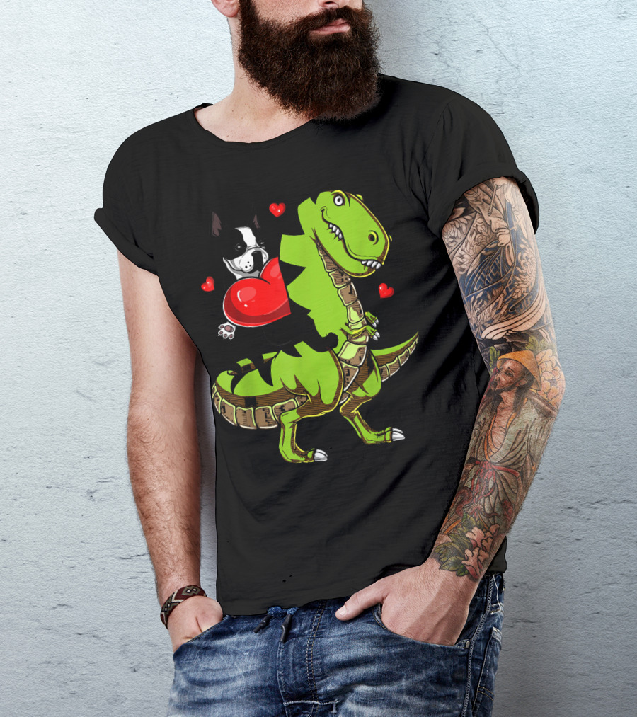 Boston Terrier With Red Hearts Riding A Green Rex Dinosaur T-Shirt