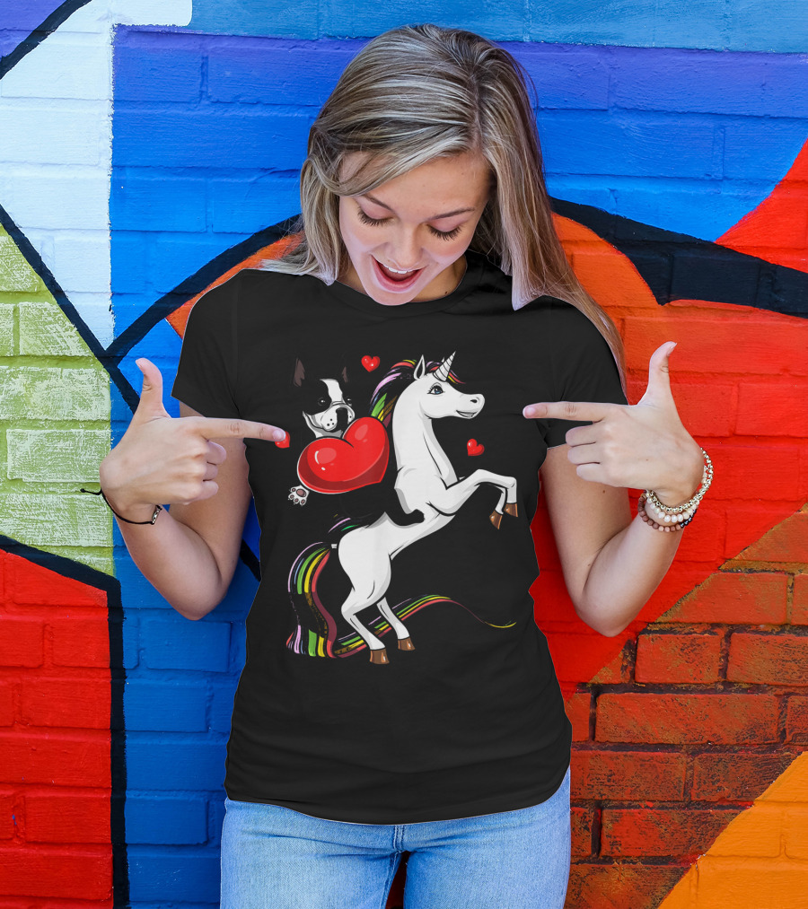 Boston Terrier Dog Holding Heart Riding Colorful Unicorn With Hearts T-Shirt