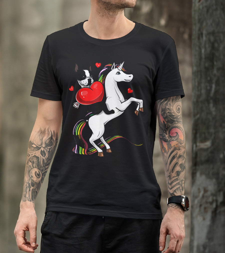Boston Terrier Dog Holding Heart Riding Colorful Unicorn With Hearts T-Shirt