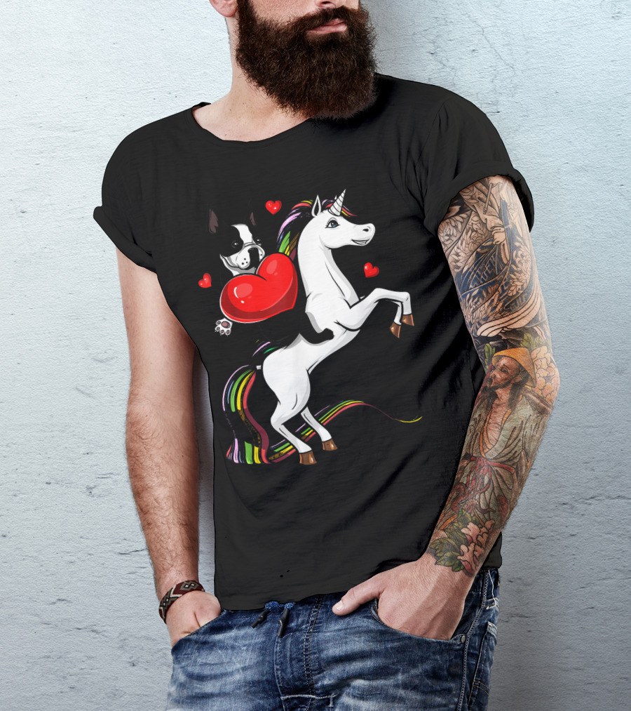 Boston Terrier Dog Holding Heart Riding Colorful Unicorn With Hearts T-Shirt