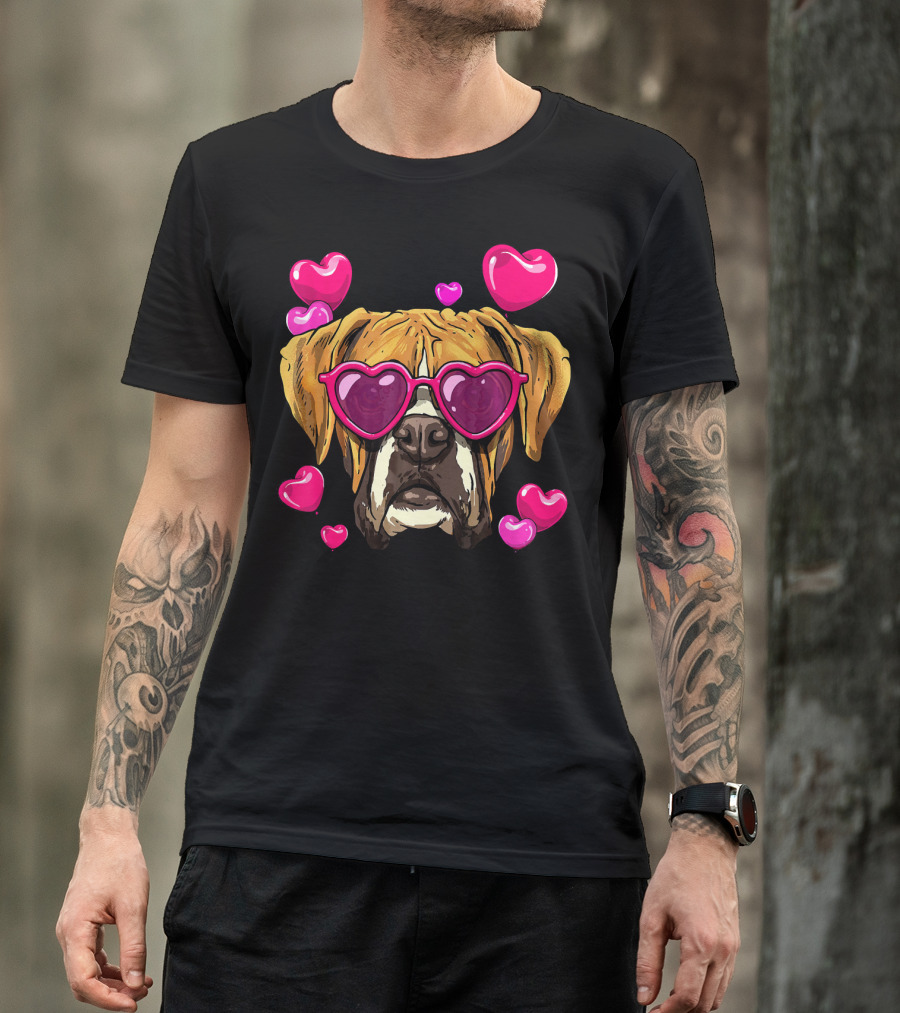 Boxer Dog With Heart Glasses Surrounded By Pink Valentine Hearts T-Shirt