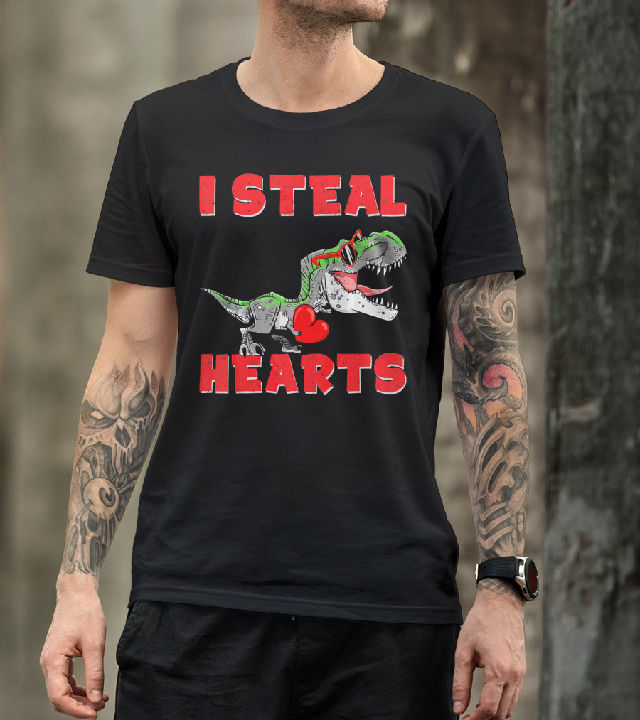 I Steal Hearts Boys Valentines Day Kids Dinosaur Trex T-Shirt