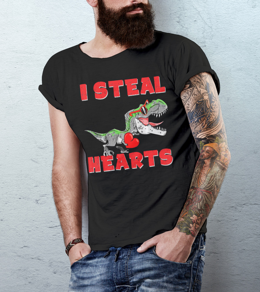 I Steal Hearts Boys Valentines Day Kids Dinosaur Trex T-Shirt