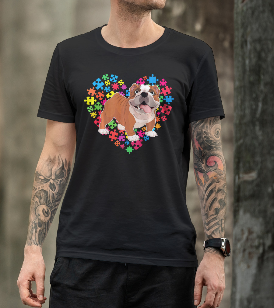 Bulldog Valentine Heart With Colorful Puzzle Pieces Background T-Shirt
