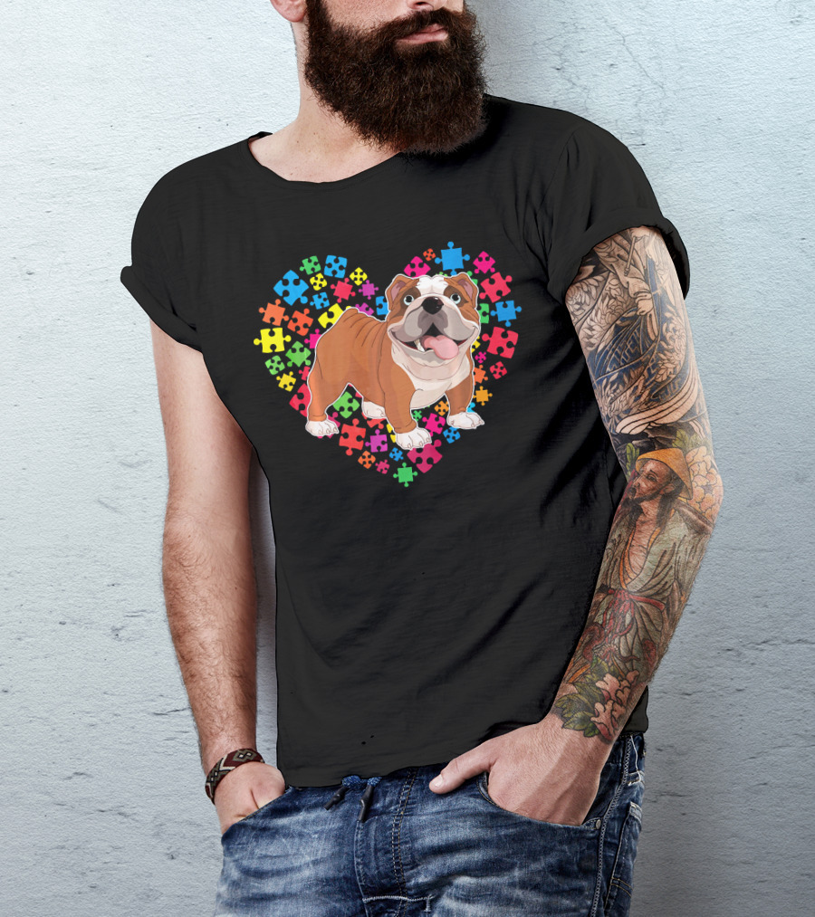 Bulldog Valentine Heart With Colorful Puzzle Pieces Background T-Shirt