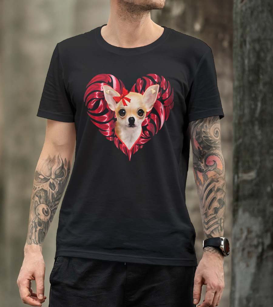 Chihuahua Dog Valentine Heart With Bow And Swirls T-Shirt