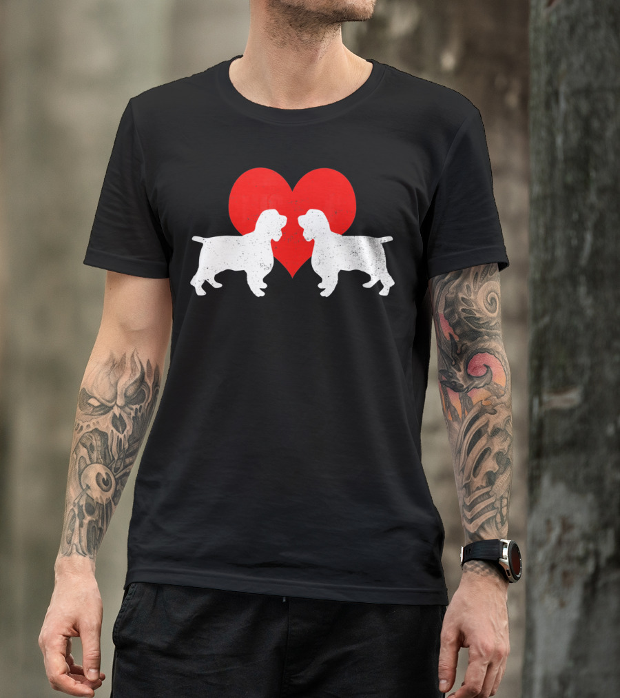 Couple English Springer Spaniel Dogs With Red Heart T-Shirt