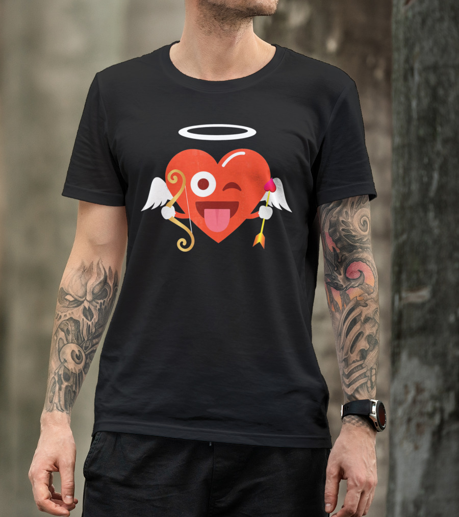 Cupid Heart Emoji Halo Wink Tongue Out Bow Arrow T-Shirt