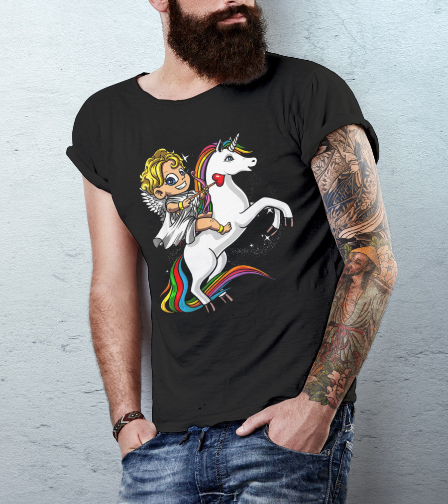 Cupid Riding Colorful Unicorn Valentines Day Magic T-Shirt