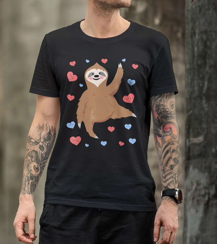 Cute Cuddly Sloth Surrounded By Red And Blue Hearts Valentine's Day T-Shirt