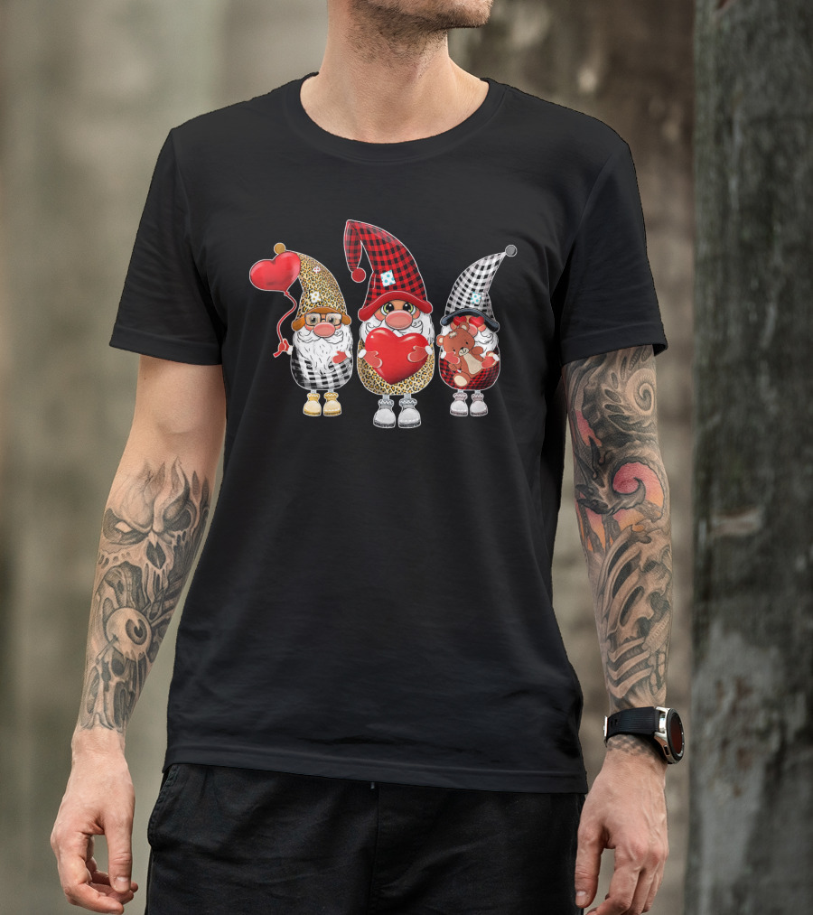 Cute Gnomes With Leopard And Buffalo Plaid Hearts T-Shirt
