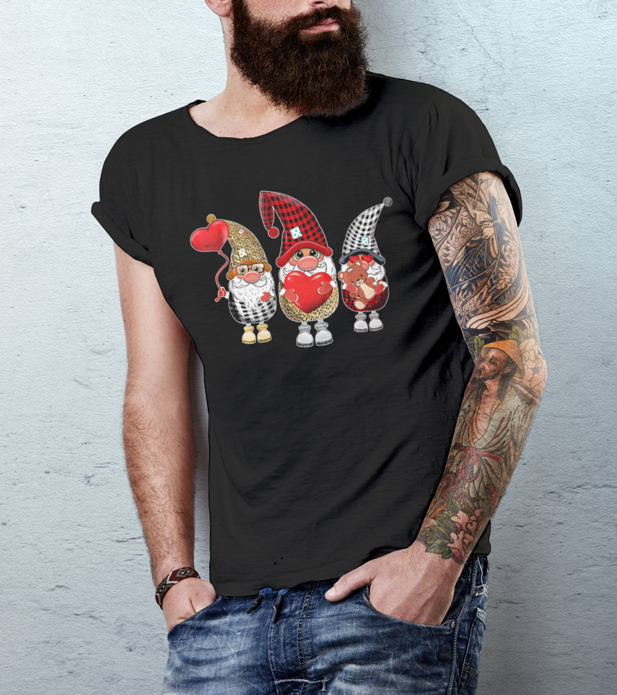 Cute Gnomes With Leopard And Buffalo Plaid Hearts T-Shirt