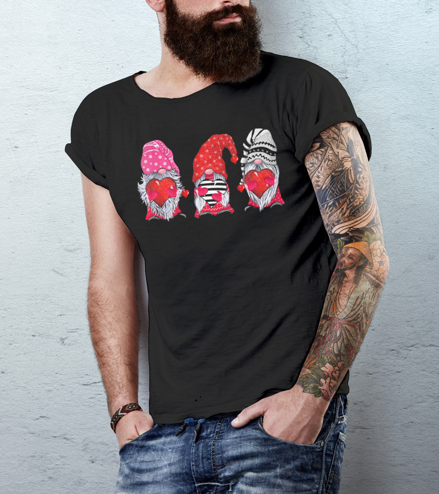 Cute Gnomes Valentine's Couple Heart Match Striped Red Hat Polka Dot T-Shirt