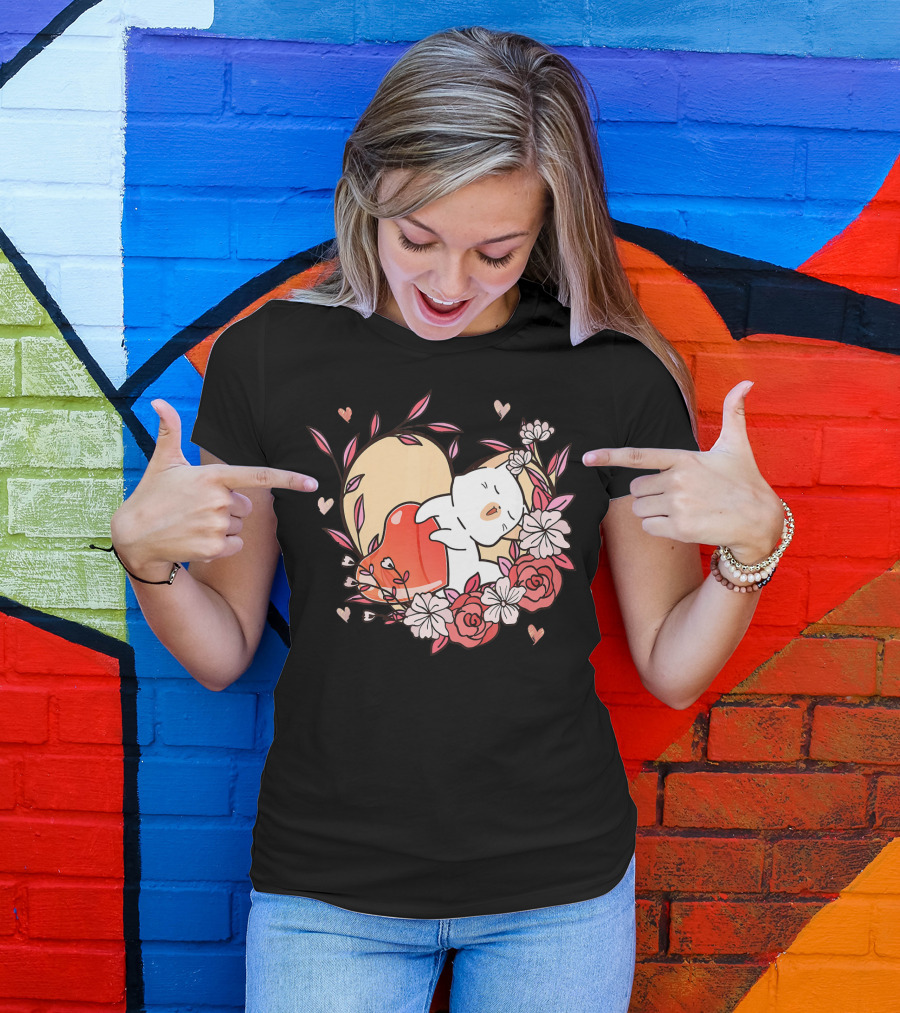 Cute Kawaii Cat Hugging Heart Surrounded By Valentines Day Flowers T-Shirt