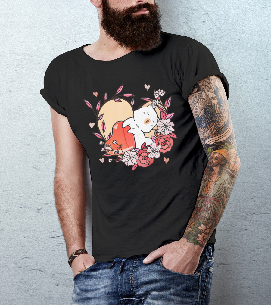 Cute Kawaii Cat Hugging Heart Surrounded By Valentines Day Flowers T-Shirt